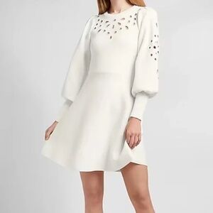 EXPRESS EYELET LACE FIT AND FLARE SWEATER DRESS MEDIUM WHITE